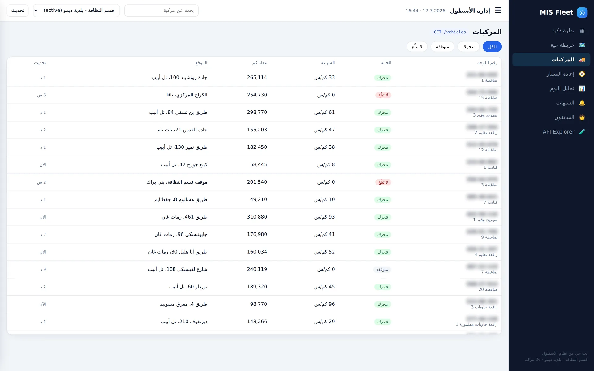 كل الأسطول في جدول واحد: ضاغطات ورافعات وشاحنات شفط وكناسات وصهاريج - الحالة والسرعة والموقع وآخر تحديث لكل مركبة